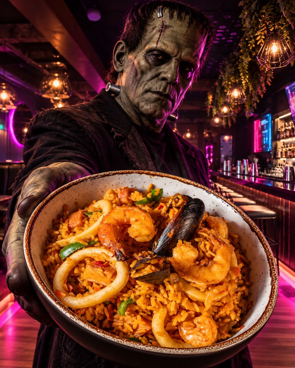 Frankenstein's monster with Caribbean seafood rice — Halloween at Rhythms Cartagena