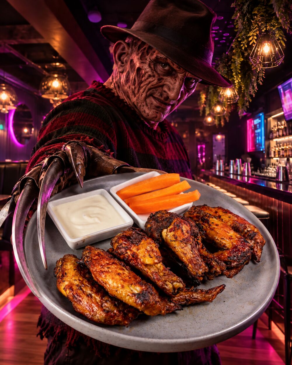 Halloween party Cartagena — nightmare villain serving chicken wings at Rhythms