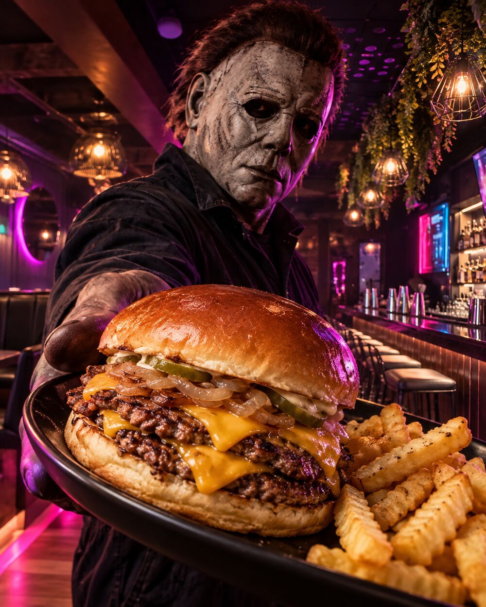 Halloween in Cartagena — masked slasher serving a smash burger at Rhythms Gastro Bar