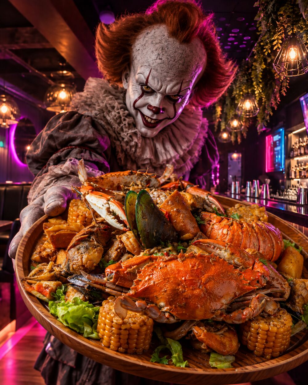 Halloween Cartagena 2026 — sinister clown with a giant seafood bake platter at Rhythms