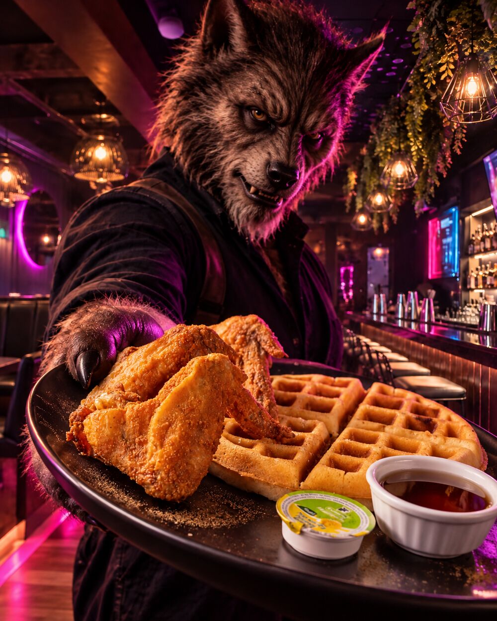 Werewolf serving chicken and waffles — Halloween night Cartagena Centro Histórico